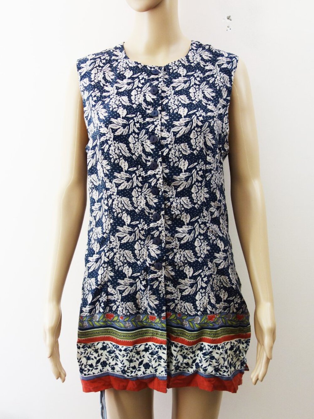 (Vintage) Annie Alexander 100% Silk Button Down Floral Dress Blue Cream (M) NWT